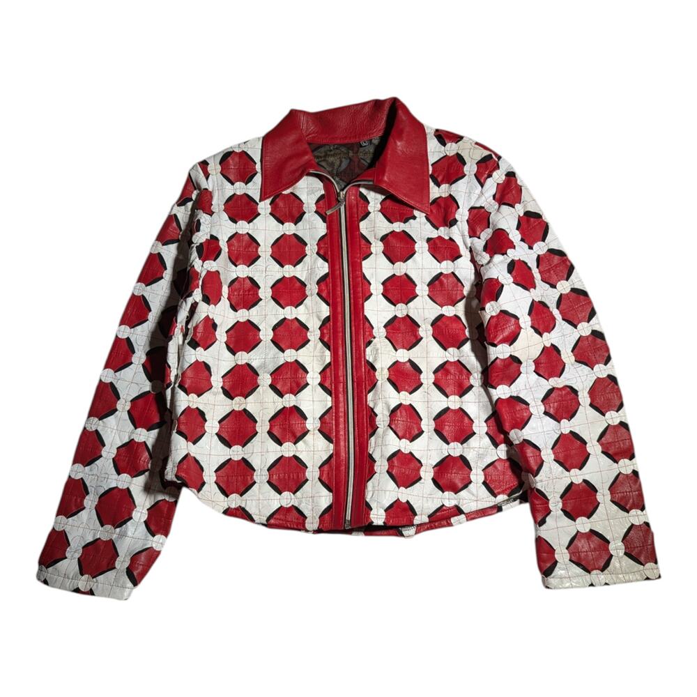 Vtg Y2K Red White Laser Cut Leather Lined Full Zip Streetwear Jacket Sz L